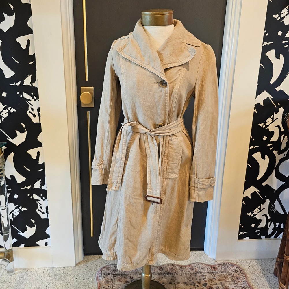 Vintage 100% Linen Banana Republic Khaki Tan Belted Trench Coat XS Long Sleeve